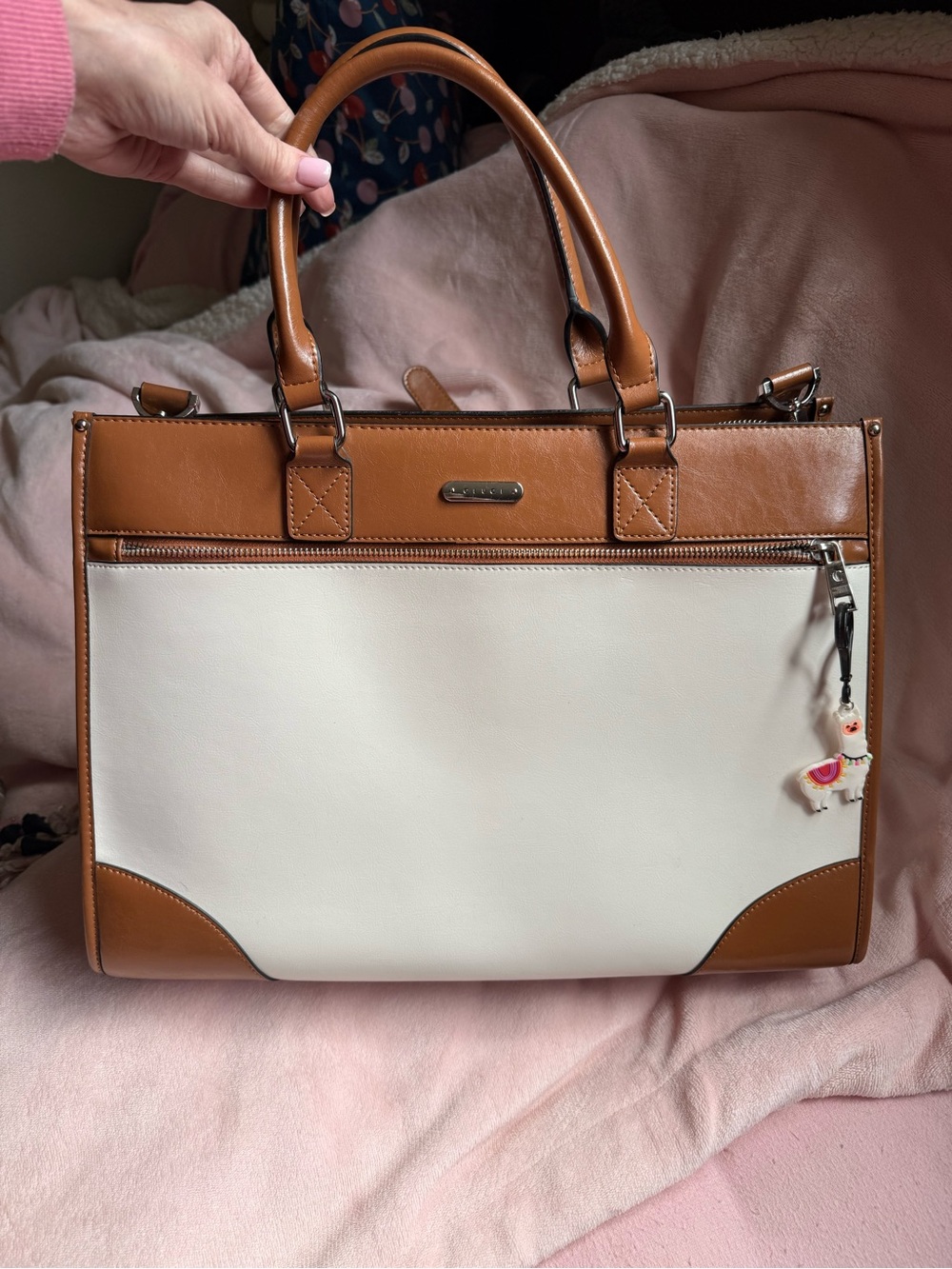 Structured Tan and Cream Satchel Tote